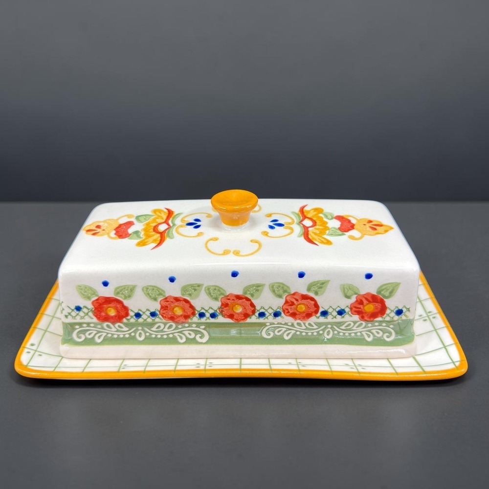 Laurie Gates Ceramic Butter Dish Floral Hand Painted Hand Wash Only 8 Inch